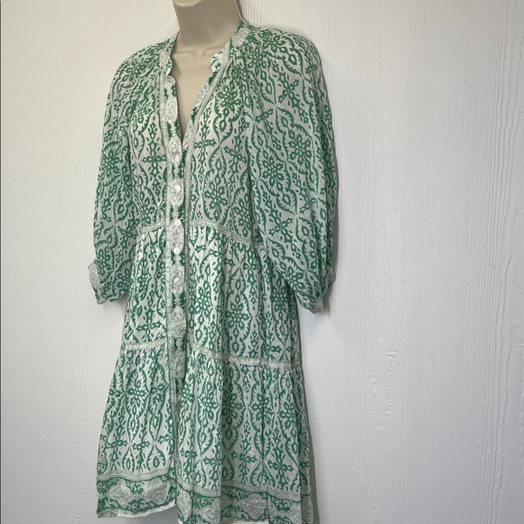 Bell - Clara Green Floral Print  Boho Cotton Silk Button Down Dress Size Small - Picture 8 of 11